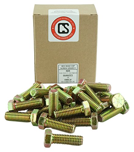 Chenango Supply 1/2-13 x 1-1/2 Inch Grade 8 Hex Head Bolts – Alloy Steel, Yellow Zinc Chromate, USS Coarse Thread, High-Strength Hex Head Cap Screws, 25 Pieces