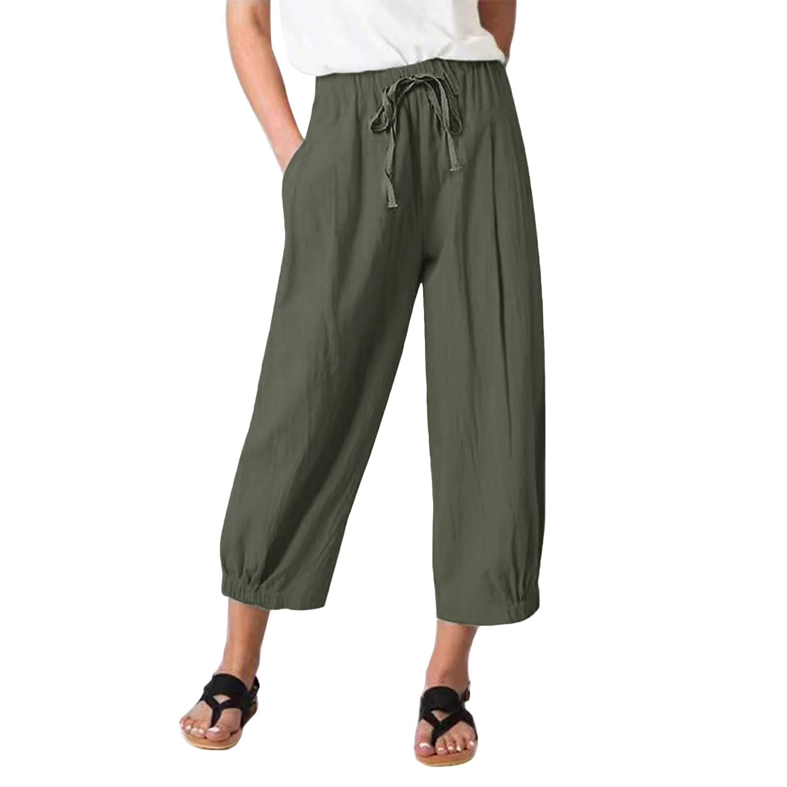 TBAWomen's Casual Pants Summer Wide Leg Capris Drawstring Elastic High Waist Cotton Cropped Trousers with Pockets