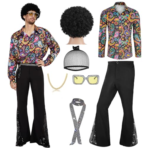 70s Disco Costume Set Hippie Men Outfit with Flared Pants Shirt for 50s 60s 70s Cosplay Halloween Party (Black, M)