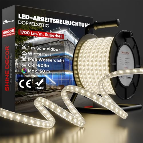Shine Decor LED Streifen 25m, 350W, 42.500lm, IP65 Wasserfest LED Arbeitsleuchte, Ausziehbar auf 50m für Bau, Garage, Arbeitsort, Garten, Baubedarf (Neutralweiß 4000K, 25m mit Kabeltrommel)
