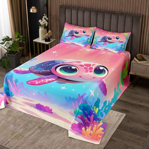 jejeloiu Ocean Themed Bedspread King Size Kawaii Sea Turtle Quilted Coverlet for Boys Girls Teens Cute Coverlet Set Bluish Pink