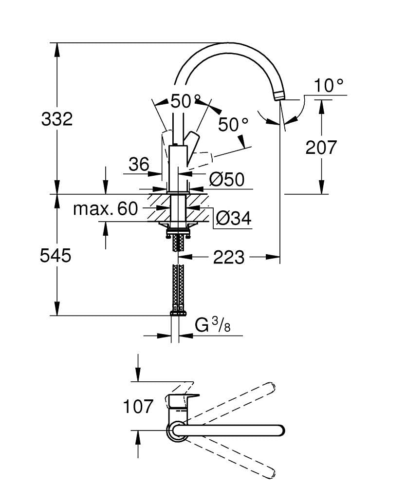 GROHE StartEdge, Grifo de cocina (caño alto en C, giro de 360º, menor consumo de agua), cromo, 30529001