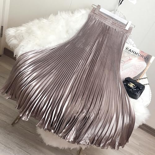 Women's Satin Metallic Elastic Waist Midi Skirt Flowy Accordion A Line Long Skirt4