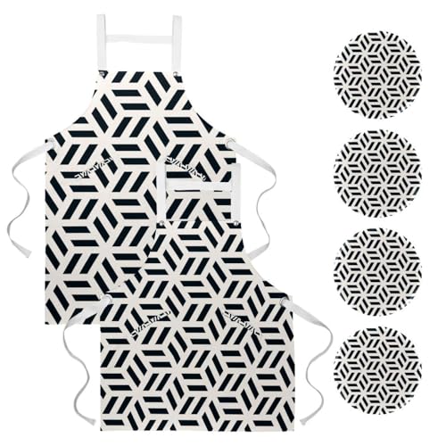 Lot de 2 tabliers de cuisine noirs et blancs à motif géométrique hexagonal