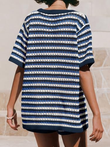 Image of Saodimallsu Womens Crochet Swimsuit Coverup Summer Beach Sets Striped Knit Short Sleeve Button Shirts 2 Piece Short Set