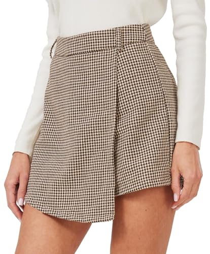 XinYangNi Women's Casual High Waisted Asymmetrical Hem A-line Plaid Faux Leather Dressy Wrap Skort Shorts2