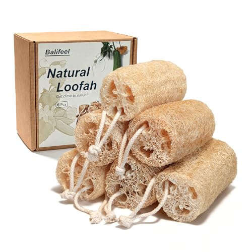 Balifeel Natural Loofah Sponge Organic Loofa Set 6 Pack,Exfoliating Body Scrubber Shower Luffa Men and Women for Bath Cleaning Skin Back and Face Eco Tool
