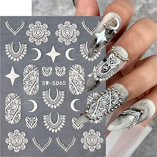 Dornail 4 Sheets 5D Embossed Filigree Nail Stickers Engraved Brown White Lace Necklace Nail Decals Flowers Star Moon Carved Nail Art Stickers Diy Design Decoration Accessories #TOP6
