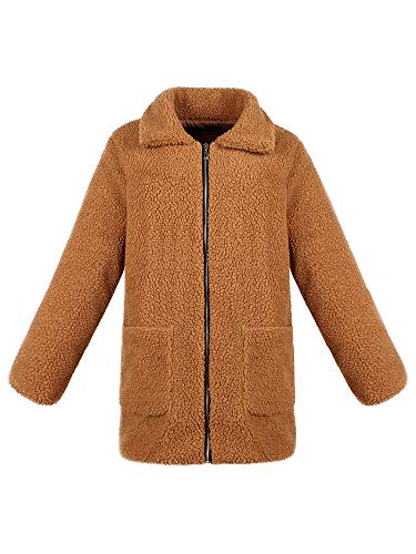Mulheres Casaco De Pele Falso Fluffy Sólidos Turn Down Collar Manga Comprida Com Zíper Bolsos Casuai