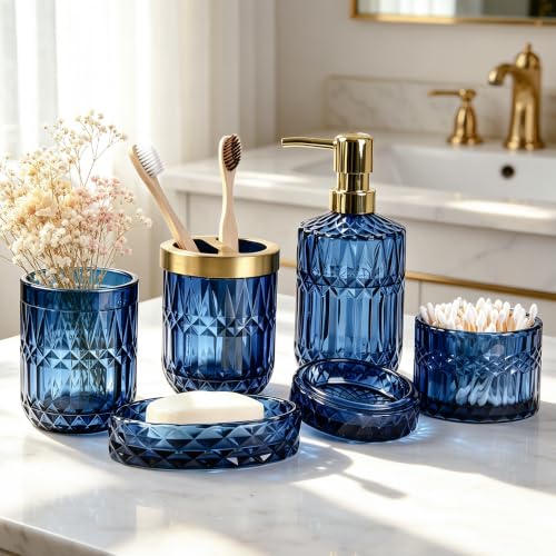 Navy Blue 5Pcs Bathroom Accessories Set, Diamond Heavy Cut Glass Soap Dispenser, Soap Dish, Toothbrush Holder, Tumbler, and Cotton Swab Holder, Luxury Textured Crystal Vintage Bath Countertop Decor