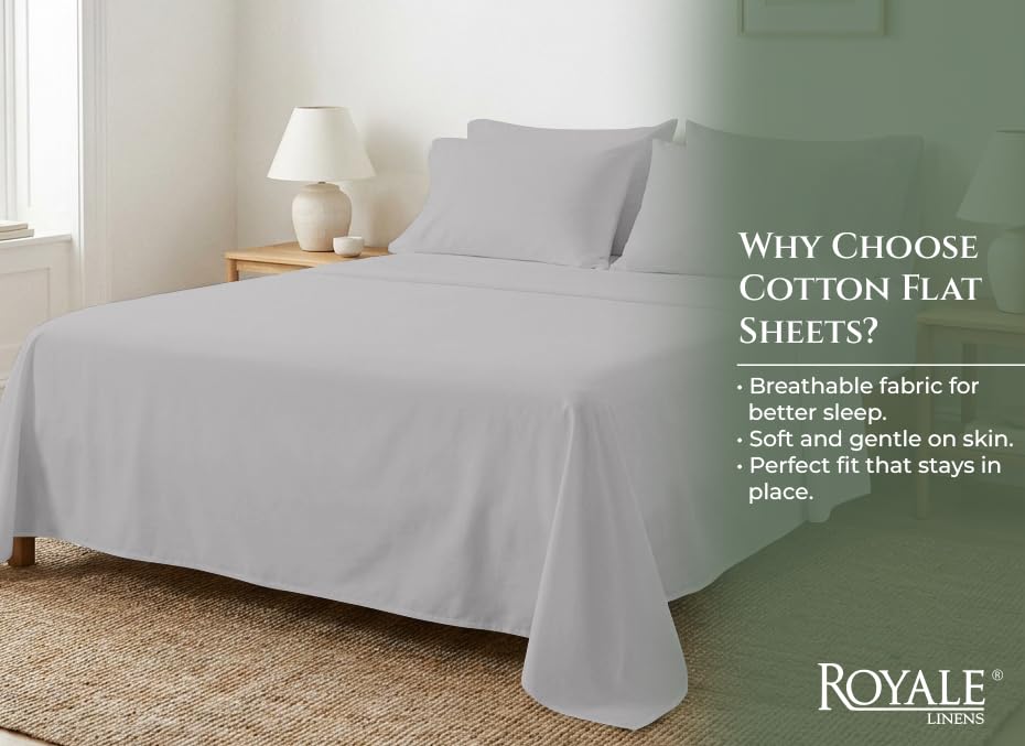 Image of Royale Linens 100% Organic Cotton Full Size Flat Sheet Only - Percale Top Sheets - Full Flat Sheet Sold Separately - Lightweight & Super Soft 100% Cotton Silver Bed Sheets Only (81 inch x 96 inch, Silver)