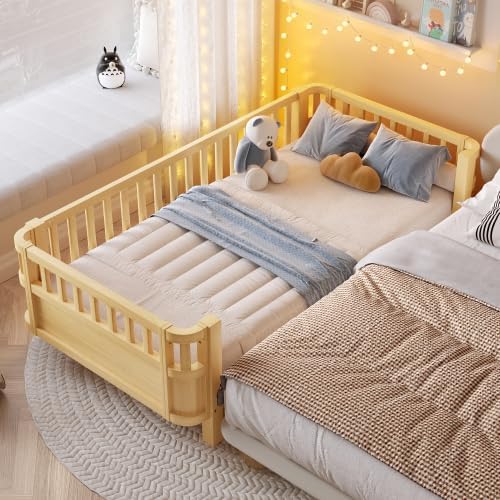 Harper & Bright Designs Twin Size Kids Bed with Detachable Fence and Guardrails, Wooden Twin Platform Bed Frame, Low Profile & Rounded Corners Design for Boys & Girls, Natural
