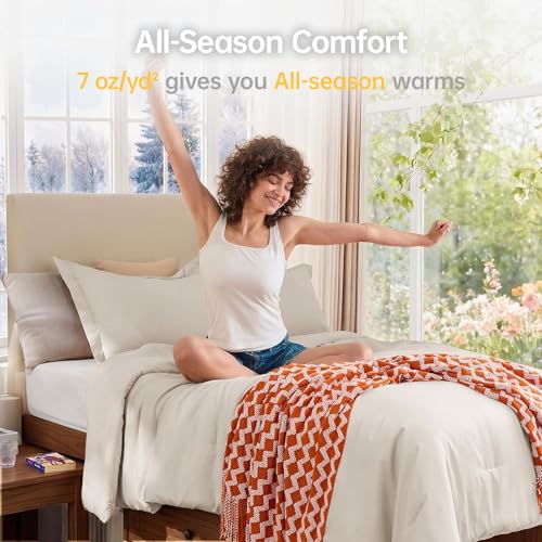 Image of MUXHOMO Beige Twin /Twin XL Comforter Set, All Season Ultra Soft Down Alternative Bedding - 2 Piece Lightweight Bed Set Includes 1 Comforter (68 inchx88 inch) and 1 Pillow Shams (20 inchx26 inch)