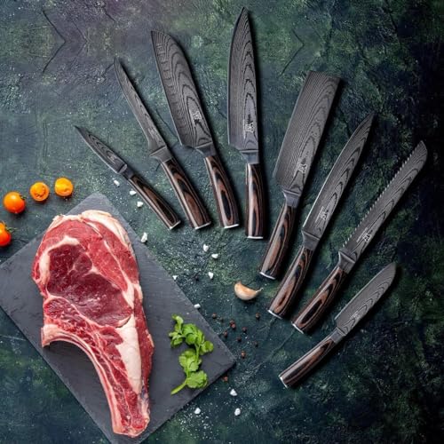 Foto von Küchenkompane – asiatisches Edelstahl Messerset Premium – 8-teiliges Küchenmesser Set mit ergonomischem Pakkaholzgriff inkl. Geschenkbox – Rostfreie & scharfe Messer – Designed in Germany