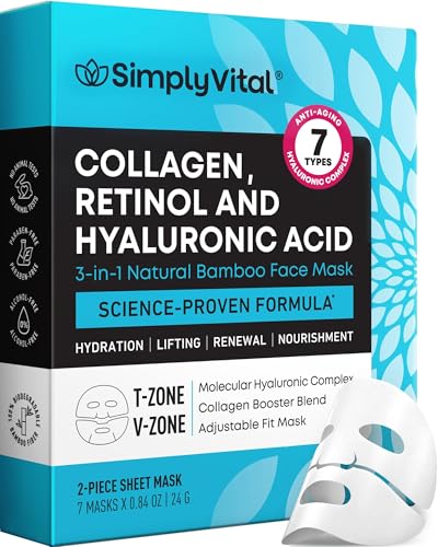 SimplyVital Collagen Facial Mask with Retinol & Hyaluronic Acid - Hydrating Face Masks Skincare - Visibly Firming and Lifting T Line & V Line Sheet Mask for Women - Mascarillas Para la Cara - 7 Pack