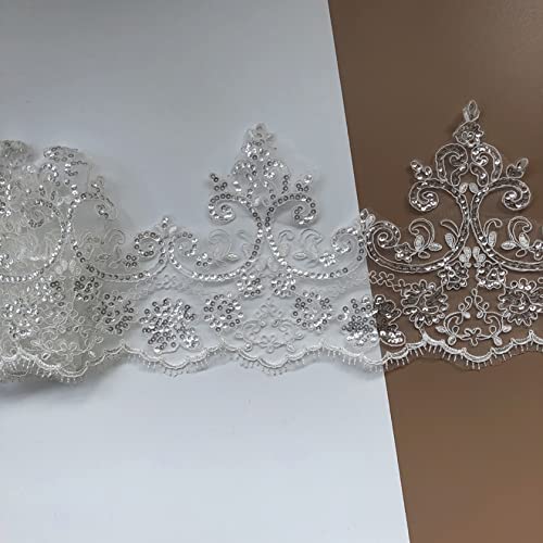 2Yard Delicate White/Ivory Sequin Cording Fabric Flower Venise Mesh Lace Trim Applique Sewing Craft For Wedding Decor #TOP4