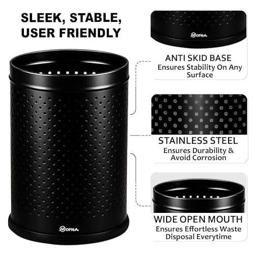 Image of mofna Stainless Steel Perforated Dustbin for Home, Trash Can with Anti-skid Base, Garbage Bin for Bathroom, Office, Bedroom, Kitchen & Toilet or Commercial Use- (7x10 In -6 Liter, Black), Pack of 1