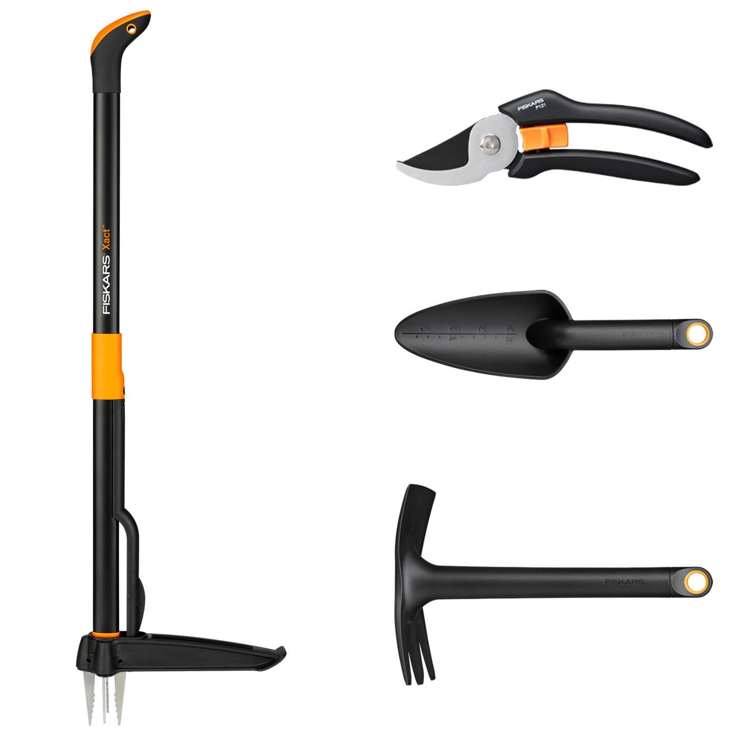 Fiskars Set di Attrezzi da Giardino, 4 pezzi, Xact Tagliaerba, Lunghezza: 1 m, Solid Zappa Combinata, Lunghezza: 28 cm, Solid Cazzuola per Fiori, Lunghezza: 28 cm, Solid Forbici Bypass P121, 1077309