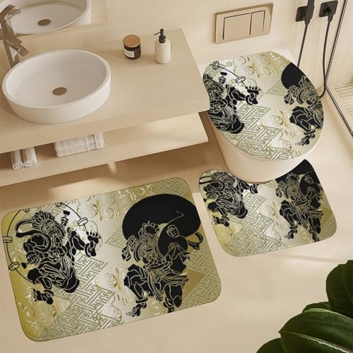 トイレマット 風神と雷神 浮世絵 和風 バスマット 3点セット ふたカバー 吸水 おしゃれ 滑り止め トイレ床マット カーペット フタカバー 便座カバー U型 O型 兼用 浴室 家庭用