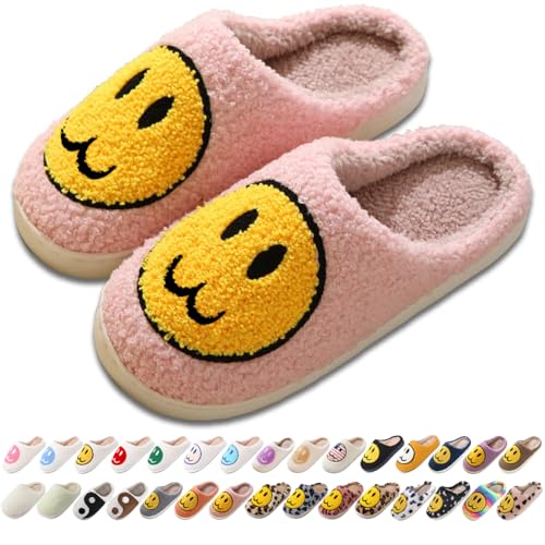 Image of Women's Men's Preppy Happy Face Slippers Comfy Warm Plush Slip-On House Slipper for Winter Indoor Soft Cushion Non-slip Fluffy Slides Slippers