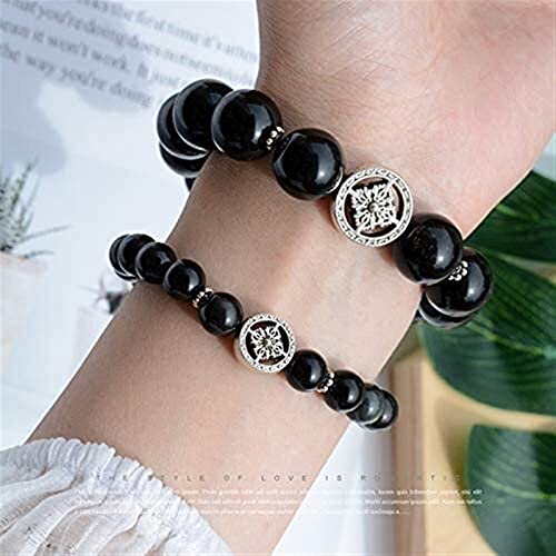 Bracelet Feng Shui Black Obsidian Bracelet 925 Silver Charm Cross Flower Amulet Natural Crystal Bracelet Chakra Luxury Talisman For Prosperity Good Luck Money Protection,8Mm Plus 12Mm One Pair Beaded #TOP4