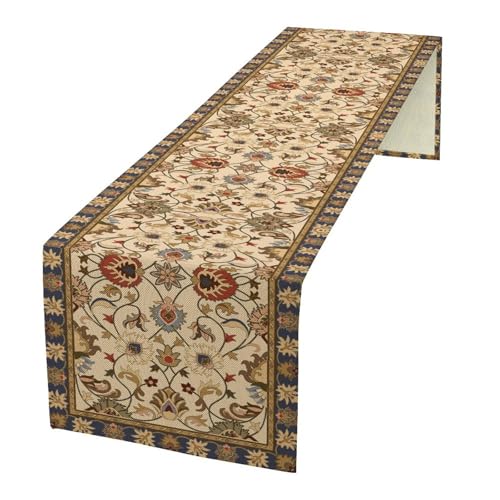Vintage Flowers Table Runner Retro Tradition Flower Art Printed Burlap Runner for Home Kitchen Dining Table Living Room Decor Fabric 1 Panel W13xL60in