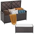 Tangkula 34 Gallon Outdoor Storage Bench with Seat Cushion, Patio Mix Brown Wicker Deck Box with Waterproof Liner and Side Handles, Outdoor Storage Bench for Cushions, Garden Tools, Pool Accessories