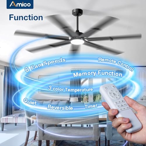 Image of Amico Ceiling Fans with Lights,66 inch Black Ceiling fan with Light and Remote, 6 Speed Reversible DC Motor, 3CCT, Dimmable, Quiet, Timer, Large Modern Ceiling Fan for Living room, Indoor /Outdoor