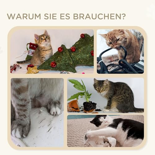 PawHut Katzentreppe 3-stufige Tiertreppe, 48 cm Haustiertreppe mit Sisalsäule, Hundetreppe mit Spielball, Einstieghilfe für hohe Betten, Kiefernholz, Grau+Natur