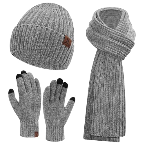 Womens Winter Knit Warm Hat Beanie Long Scarf Touch Screen Gloves Set Skull Caps Neck Scarves for Women Men Grey