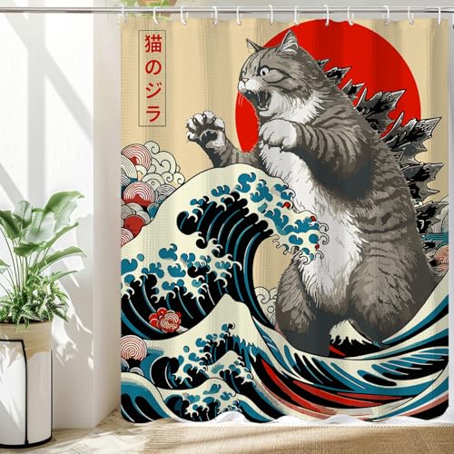 Image of Funny Japanese Cat Waffle Shower Curtain, Vintage Cute Cat Art Japan Anime Sunset Wave Shower Curtains Set, Animal Kids Boy Bathroom Curtains with Hooks, 72x72inch