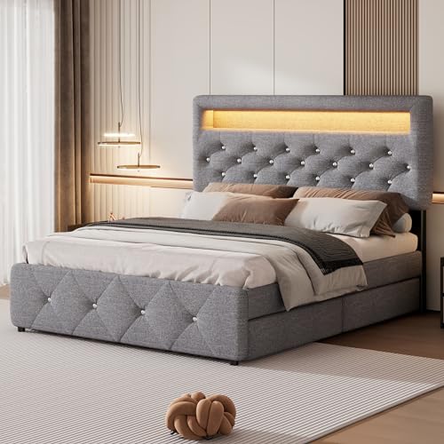 Cama tapizada 140x200cm (90x190cm) Cama Doble con Cama Nido y 2 cajones mesita de Noche con Tira de luz Cama Familiar para Adultos Adolescentes somier Cama de Invitados Gris