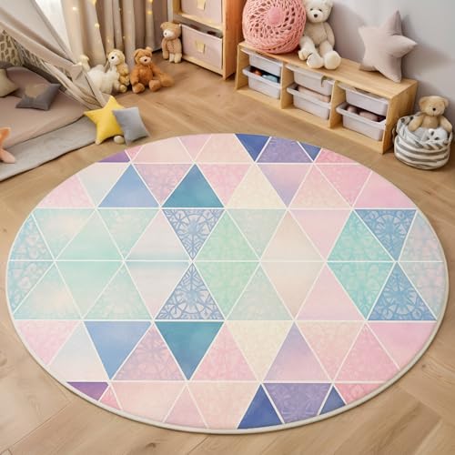 Tapis de zone ronde rose 180cm à motif mandala géométrique lavable - 5