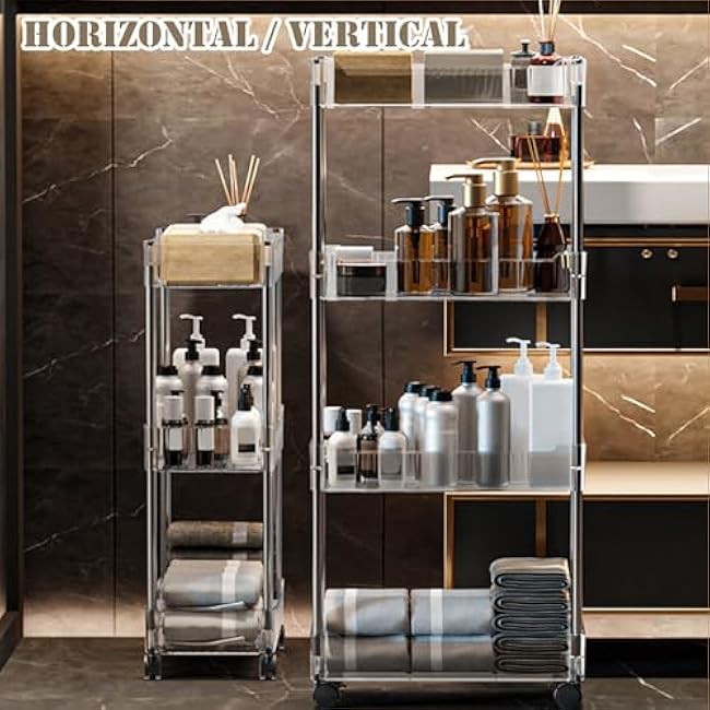 4-Tier Slim Rolling Cart with Lockable Wheels, Mobile Storage Trolley Acrylic Bathroom Organizer, Mobile Shelving Unit,Clear,16 Dx7.9 Wx35 H-E2seAmPV