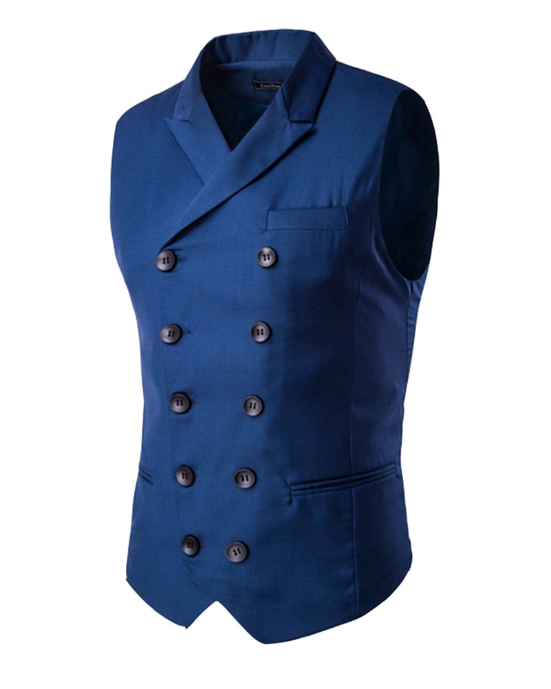 Mens Vintage Slim Fit Business Casual Vest Waistcoat Double Breasted Waistcoat Blue L