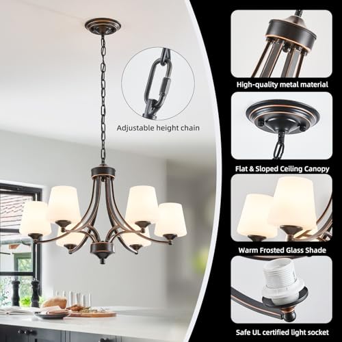Image of 6-Light Farmhouse Chandeliers Black and Gold Dinner Room Light with Frosted Glass 47.2 inch Adjustable Pendant Ceilling Lighting Rustic Vintage Hanging Lamp for Kitchen Island Dining Table Living Room