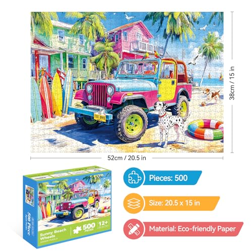 Rompecabezas de 500 piezas para adultos – Escena tropical de playa con jeep colorido, tablas de surf y isla, perro dálmata, paisaje costero veraniego, 51,8 x 38,1 cm miniatura 2