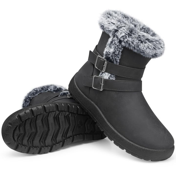 TEMOFON Women Winter Boots Waterproof: Fur Lined Ankle Warm Booties - Snow Boots Wide Width - Gray Non Slip Winter Shoes Size 8.5