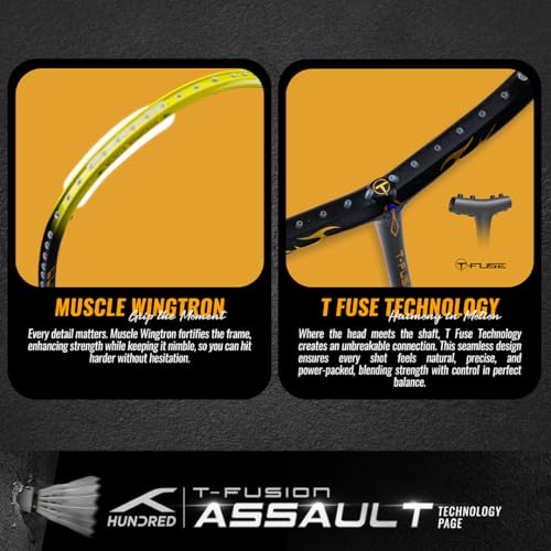 Image of Hundred T-Fusion Assault Badminton Racket with Full Cover | ≤32 lbs | Performance Racket | Sturdy Frame & Smooth Swing | Offensive Shots & Fast Game
