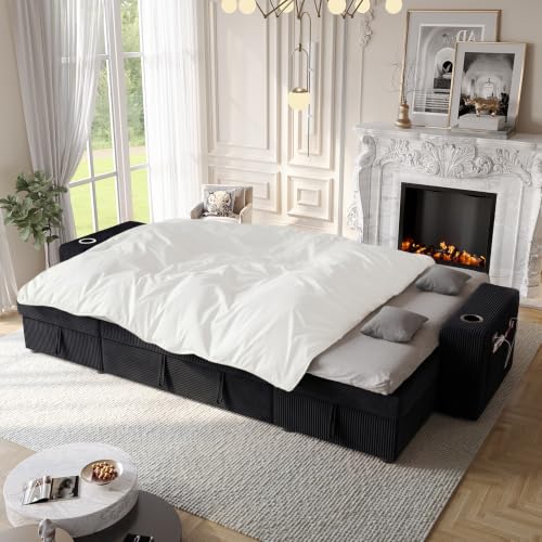 Image of Modular Sectional Sleeper Sofa Bed, 117 inch U-Shaped Sofa with Dual Storage Chaise | Reclining Backrest | Wide Armrest, Couches for Living Room, 4 in 1 Pull Out Couch Bed, Corduroy Black