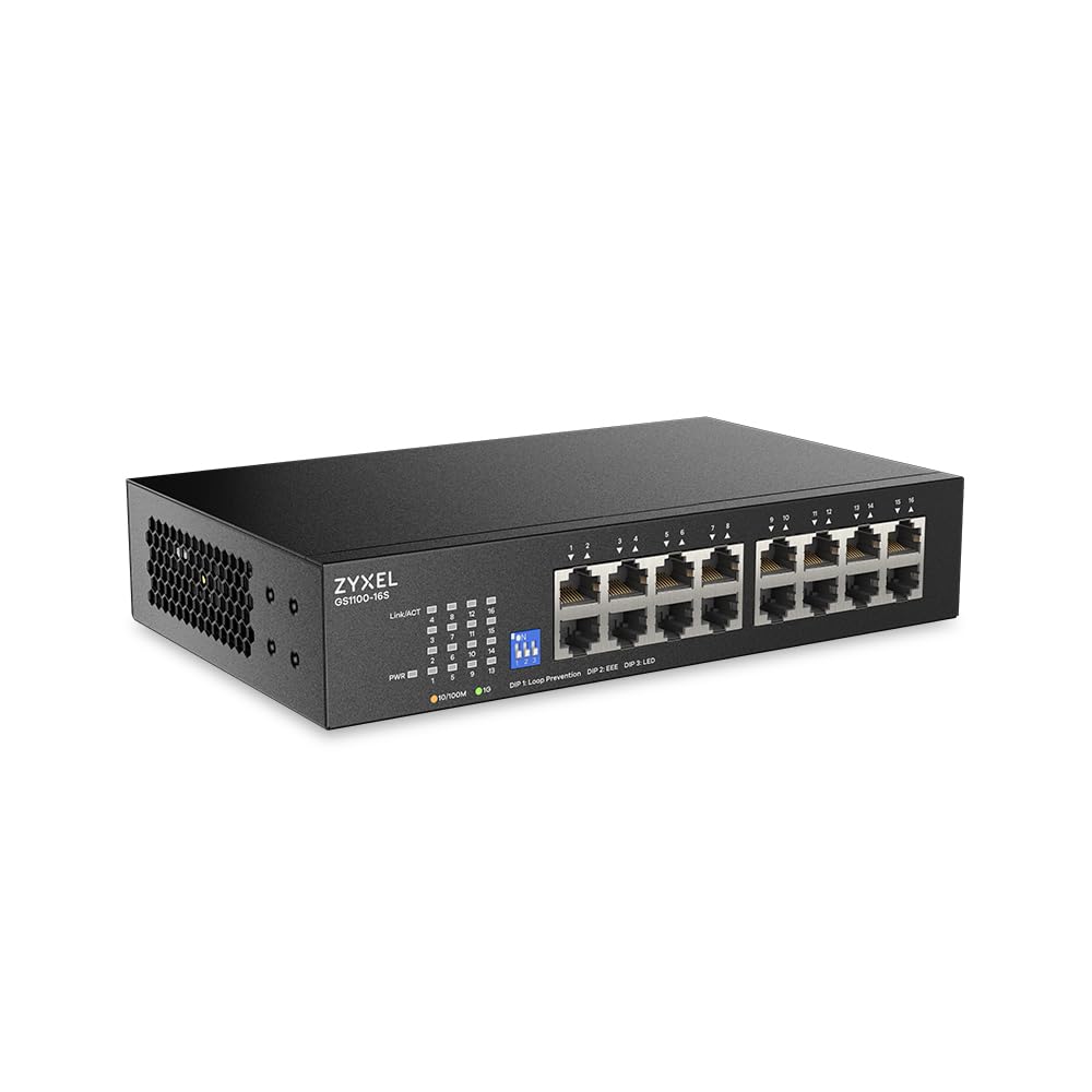 Zyxel 16-Port Netzwerk Switch | Unmanaged Gigabit Ethernet Switch | 16x GbE Ports | Umschaltbarer DIP | Lüfterlos | Wand- und Rack-Montagesätze im Lieferumfang enthalten | GS1100-16S