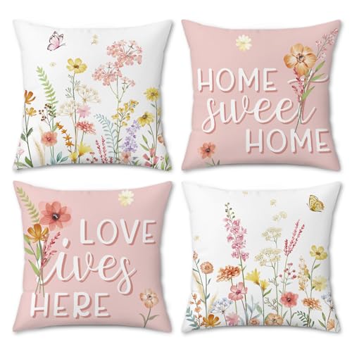 COZZSNUGE Spring Floral Cushion Covers Pink Garden Flowers Butterfly Farmhouse Velvet Decorative Pillowcases for Outdoor Sofa Bed Home Patio 45 x 45 cm Set of 4