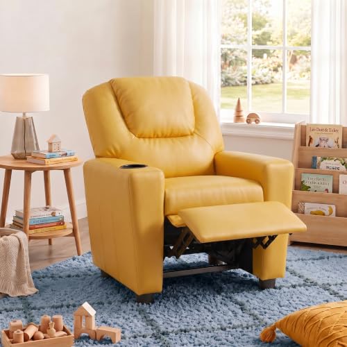 Image of 23 inch W PU Leather Recliner Chair with Cup Holder and Recline, Yellow | Mini Recliner Chair Comfort with Adjustable Footrest & Backrest, Youth Boys Girls Recliner for Reading, Gaming, TV, Lounging