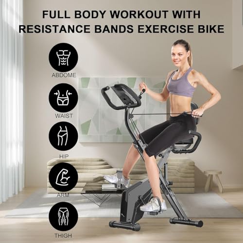 Dskeuzeew Exercise Bike Foldable, 4 in 1 Magnetic Foldable Indoor Cycling Bike with LCD Display and Heart Rate Sensor Workout Bike with Resistance Bands Home Workout Exercise Equipment - Image 2