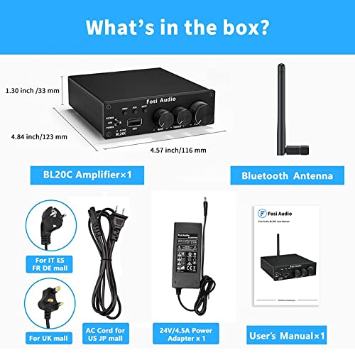 Fosi Audio Bl20C 320 Watts Bluetooth 5.0 Stereo Audio Receiver Amplifier 2.1 Ch Mini Hi-Fi Class D Tda7498E Integrated Amp U-Disk Player For Home Passive Speakers Powered Subwoofer(With Power Supply) #TOP5