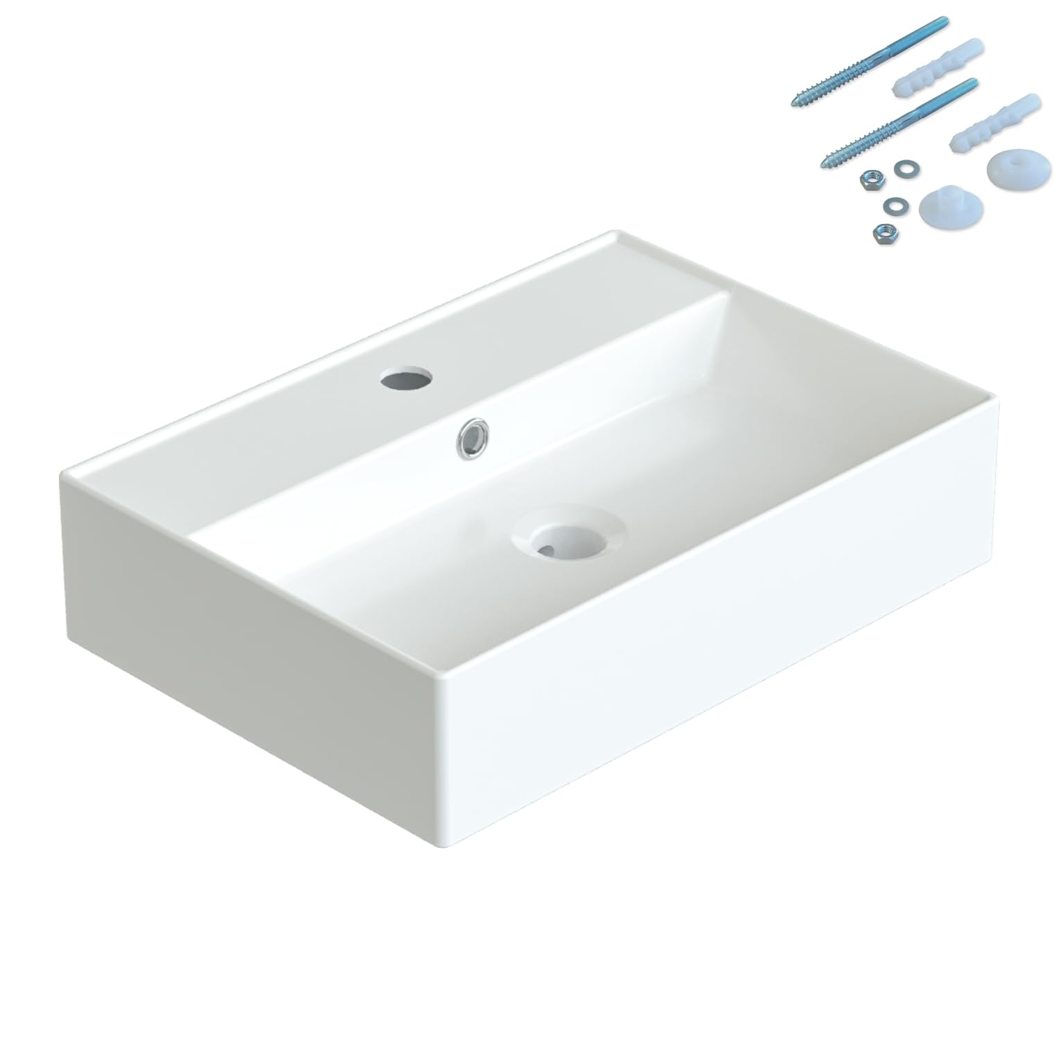 Lavabi in ceramica angolare 50 x 35 cm, lavabo a incasso per mobile da bagno, lavabo per bagno degli ospiti, sospeso, lavabo a parete, bianco, con foro per rubinetto, troppopieno, viti di fissaggio