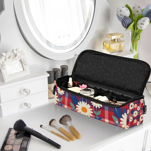 Organizador 2 en 1 para herramientas de cabello con tapete resistente al calor removible y diseño impermeable de patrón floral rojo a cuadros para planchas, alisadores y rizadores miniatura 7
