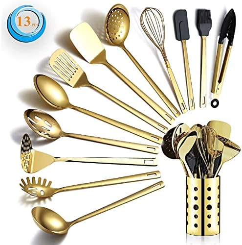 Berglander Set di Utensili da Cucina in Acciaio Inossidabile Color Oro 13 Pezzi con placcatura in Oro in Titanio, Set di Utensili da Cucina con portautensili, Lavabile in lavastoviglie