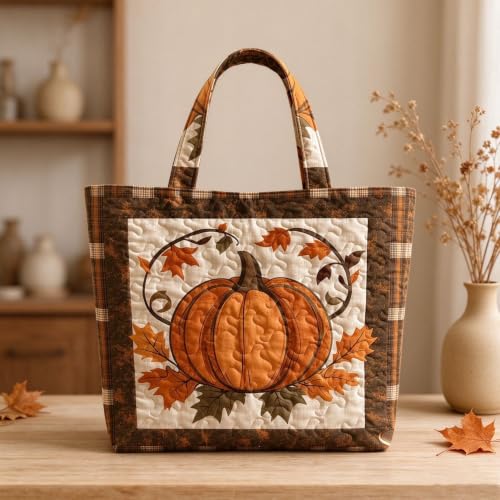 Vintage Quilted Tote Bag With Pumpkin Print, Handbags For Women, Fall Bag - image 3