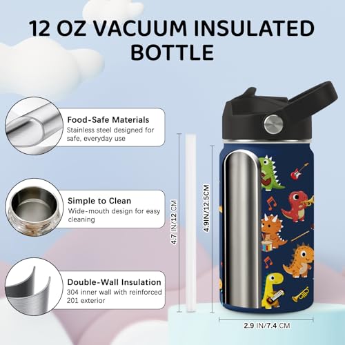 Image of Music Dinosaur Water Bottle for Son, Stainless Steel Insulated Tumbler with Straw Lid and Handle, 12oz Reusable Leak-Proof Bottle for Sports